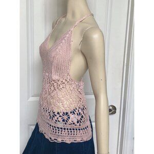 Crocheted Halter Top, Size M/L, 90s Rip Curl Pink Crochet Boho Style